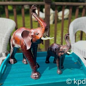 RARE Leather Elephant Figurine Pair – Mid-Century leather wrapped